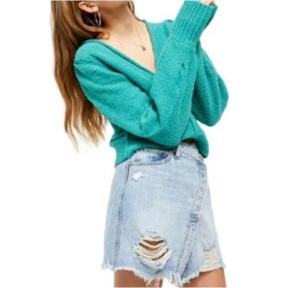 Free People Reverie V-Neck Sweater in Emerald Aura Sz S Cozy Boho Colorful - Picture 2 of 12